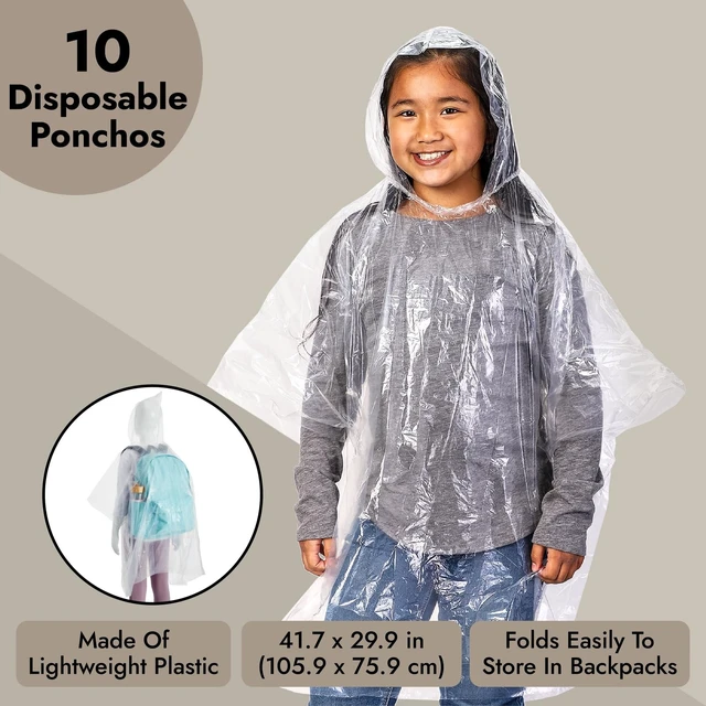 Alt view image 2 of 7 - Kids Poncho - 10-Pack, One Size, Clear - Plastic Disposable Rain Ponchos for Kids with Hood - Bulk Emergency Rain Cover for Children