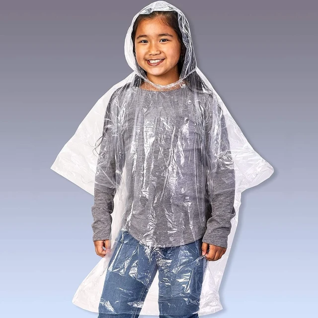 Alt view image 5 of 7 - Kids Poncho - 10-Pack, One Size, Clear - Plastic Disposable Rain Ponchos for Kids with Hood - Bulk Emergency Rain Cover for Children