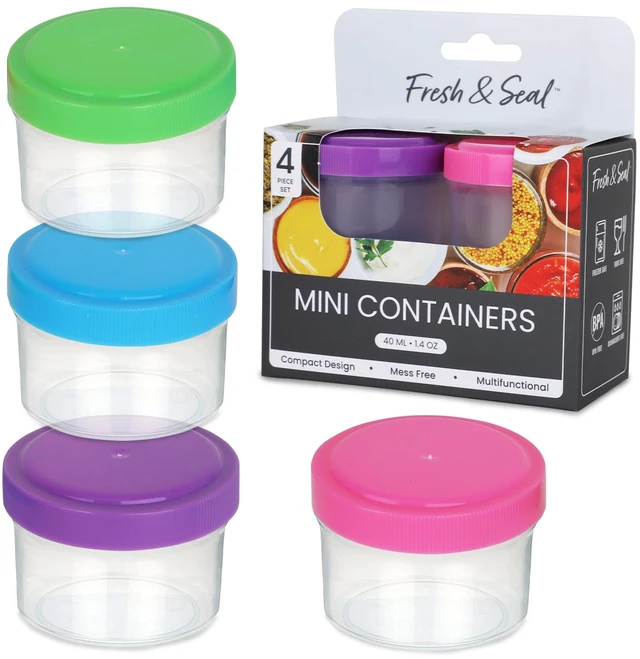 Main image of Condiment Containers with Screw Lids (4-Piece) - Reusable Leakproof Salad Dressing Containers to go - Small Mini Food Storage Cups for Lunch, Dishwasher Friendly, 1.4-Ounce