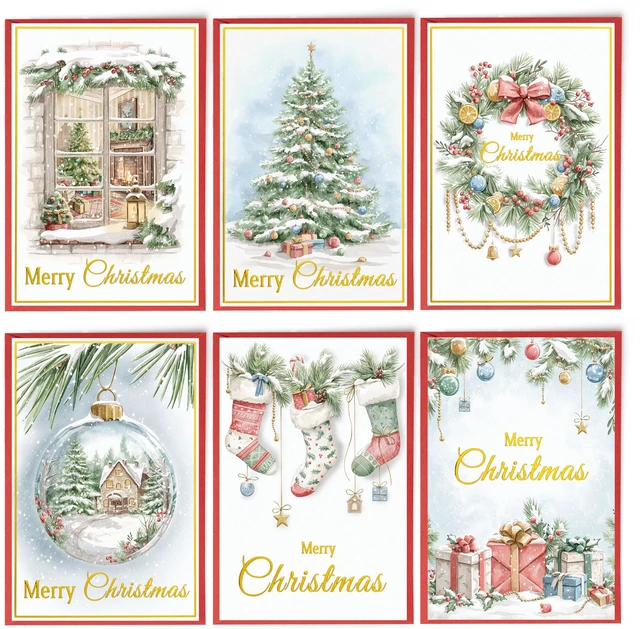 Main image of 24 Christmas Cards Assortment, Festive Gold Foil Glitter Watercolor Bulk Xmas Cards with Envelopes & Messages - 6 Patterns, 4 3/4" x 7" for Friends, Family, Kids, Boys & Girls