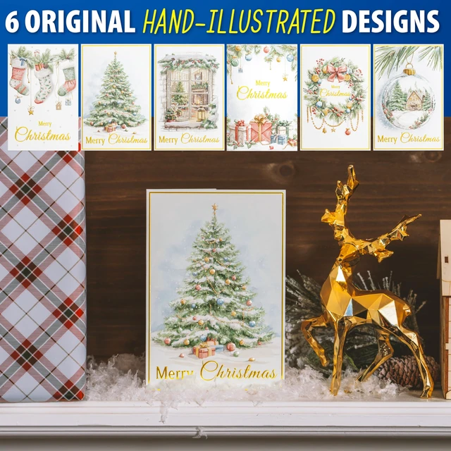 Alt view image 4 of 6 - 24 Christmas Cards Assortment, Festive Gold Foil Glitter Watercolor Bulk Xmas Cards with Envelopes & Messages - 6 Patterns, 4 3/4" x 7" for Friends, Family, Kids, Boys & Girls