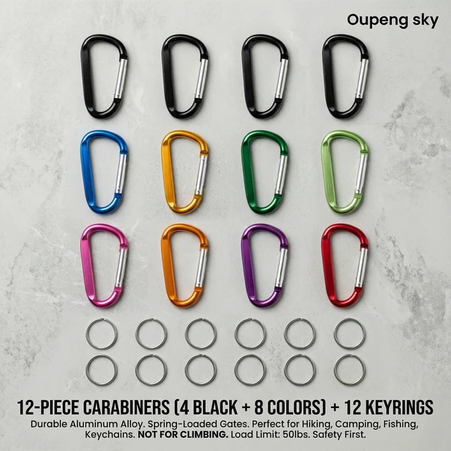 Alt view image 2 of 7 - 12PCS Carabiner Keychain Clip - 3" Aluminum Caribeener Key Clip,D Ring Shape Nonlocking Carabeaner Hook Buckle,Multi-Function Spring Snap Key Clips Tool for Home,Camping,Hiking,Traveling,Backpack