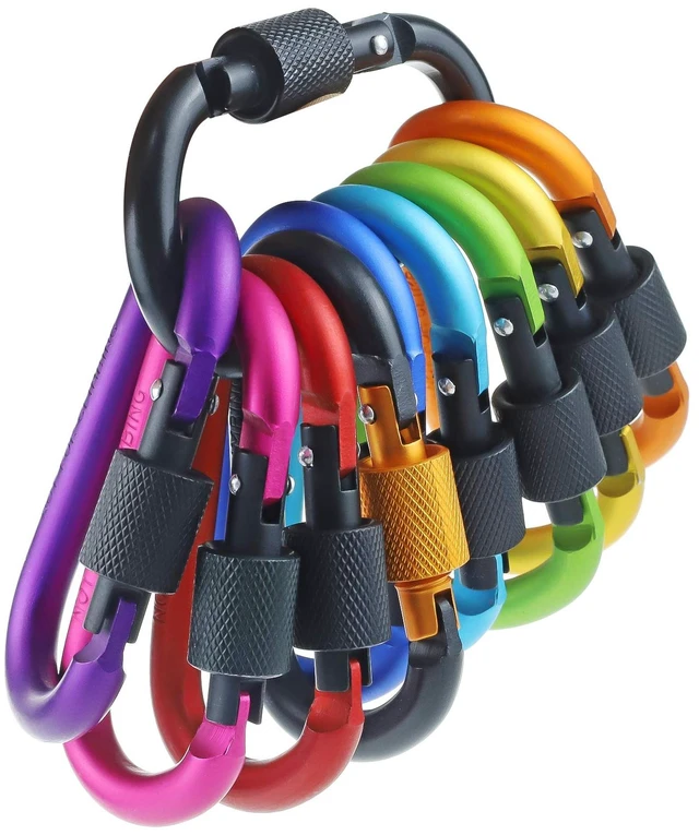 Main image of 10 Pack Aluminum D Ring Key Rings Hiking Clips Locking Carabiner for Hiking Camping Fishing and Outdoor UseClips with Screw Gate Multicolored