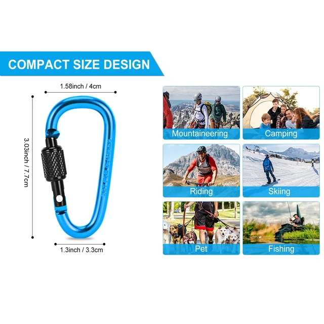 Alt view image 3 of 7 - 10 Pack Aluminum D Ring Key Rings Hiking Clips Locking Carabiner for Hiking Camping Fishing and Outdoor UseClips with Screw Gate Multicolored