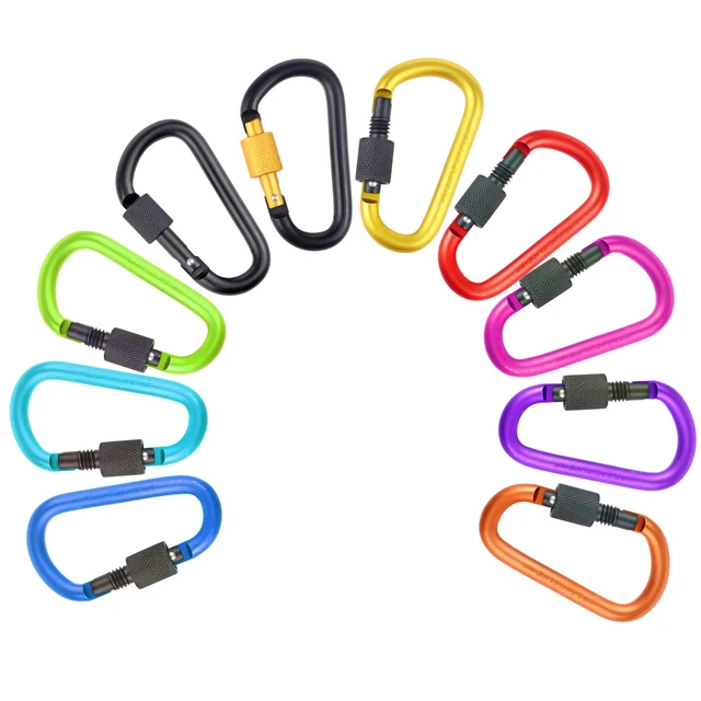Alt view image 4 of 7 - 10 Pack Aluminum D Ring Key Rings Hiking Clips Locking Carabiner for Hiking Camping Fishing and Outdoor UseClips with Screw Gate Multicolored