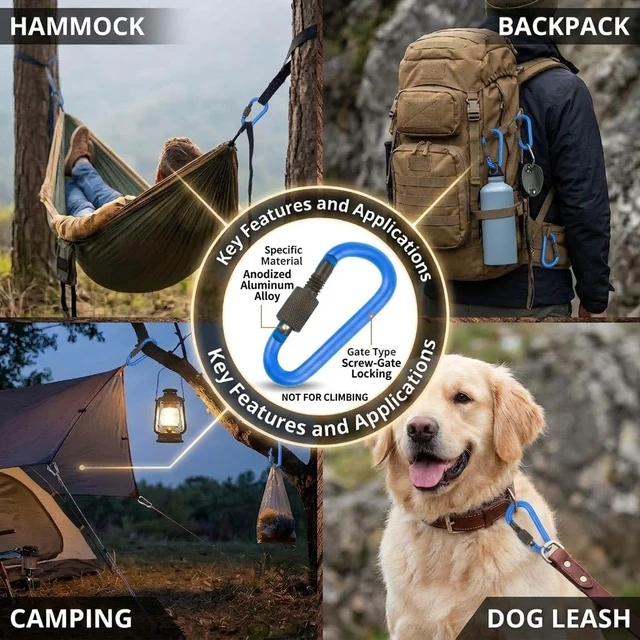 Alt view image 5 of 7 - 10 Pack Aluminum D Ring Key Rings Hiking Clips Locking Carabiner for Hiking Camping Fishing and Outdoor UseClips with Screw Gate Multicolored