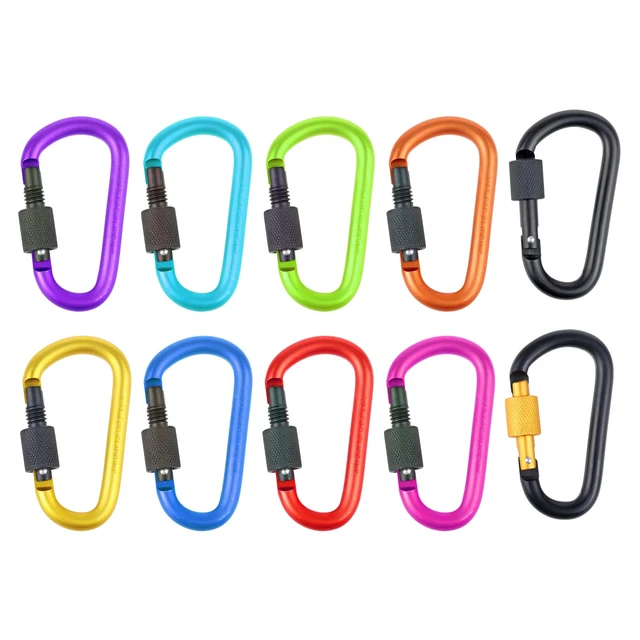 Alt view image 6 of 7 - 10 Pack Aluminum D Ring Key Rings Hiking Clips Locking Carabiner for Hiking Camping Fishing and Outdoor UseClips with Screw Gate Multicolored