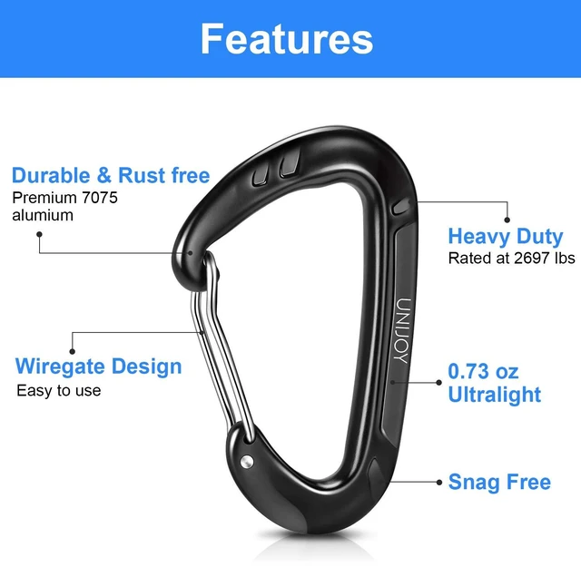 Alt view image 2 of 7 - 12kN Heavy Duty Carabiner Clip: Great for Keys Hammock & Dog Leash | Secures Large Water Bottles & Keys - Small Rustproof Aluminum Wiregate Carbineers - Snag-free D Ring for Camping & Hiking
