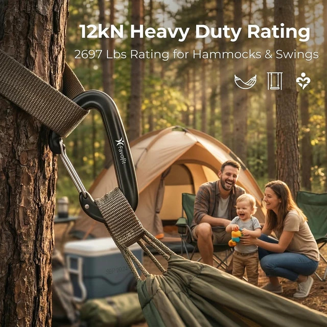 Alt view image 2 of 7 - 12KN Heavy Duty Carabiner Clips - for Hammocks Keys Keychains Dog Leashes | 3.2" Rustproof Aluminium Carbineers - Small Snag-free Caribiners for Hiking Camping with One Hand Operation