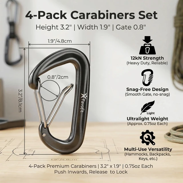 Alt view image 3 of 7 - 12KN Heavy Duty Carabiner Clips - for Hammocks Keys Keychains Dog Leashes | 3.2" Rustproof Aluminium Carbineers - Small Snag-free Caribiners for Hiking Camping with One Hand Operation