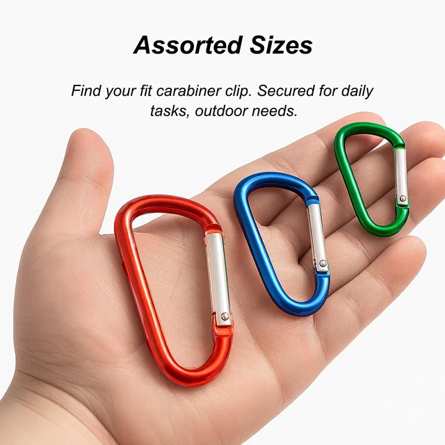 Alt view image 5 of 7 - Carabiner Clip Multi Size Pack, Aluminum Carabiner Includes Small 2 Inch Carbineers, Medium 2.3" D Ring Clip, Large 3 Inch Caribiner Heavy Duty for Backpack (Assorted Sizes-Assorted Colors 12pcs)