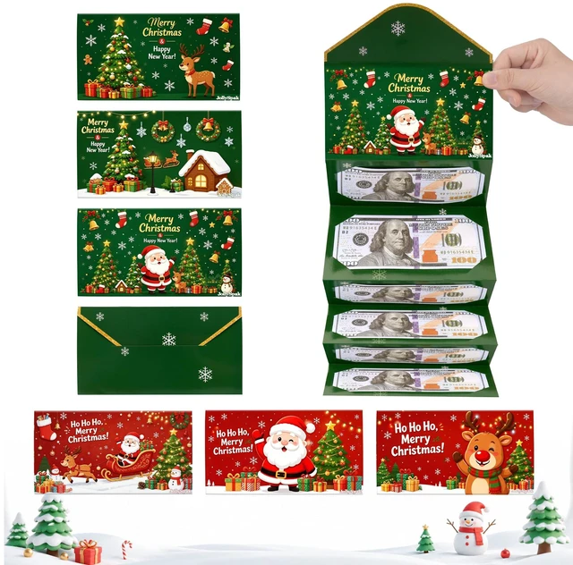 Main image of New 6Pcs Christmas Money Holders for Cash & Gift Card Holders | Christmas Cash Gift Envelopes 6 Slots, Self-sealing Design, No Extra Envelope Surprise Gifts Card Cash Holders Xmas Party