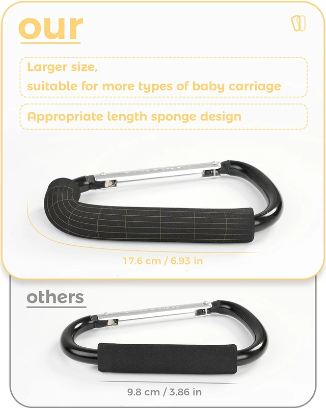 Alt view image 3 of 7 - Stroller Hooks, 6.3" Large Stroller Clip, 2 Pack Stroller Hooks for Hanging Bags and Shopping, Stroller Accessories for Mommy, Large Carabiner