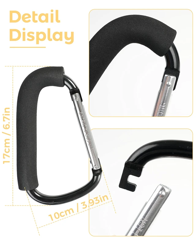 Alt view image 4 of 7 - Stroller Hooks, 6.3" Large Stroller Clip, 2 Pack Stroller Hooks for Hanging Bags and Shopping, Stroller Accessories for Mommy, Large Carabiner