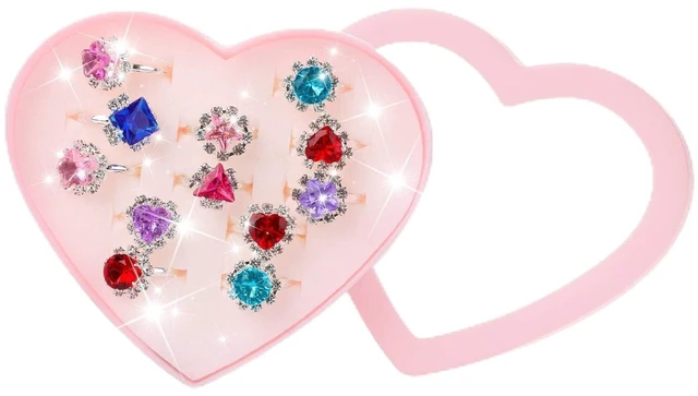 Main image of 12 pcs Girls Crystal Adjustable Rings, Princess Jewelry Finger Rings with Heart Shape Box, Girl Pretend Play and Dress up Rings for Children Kids Little Girls - Random