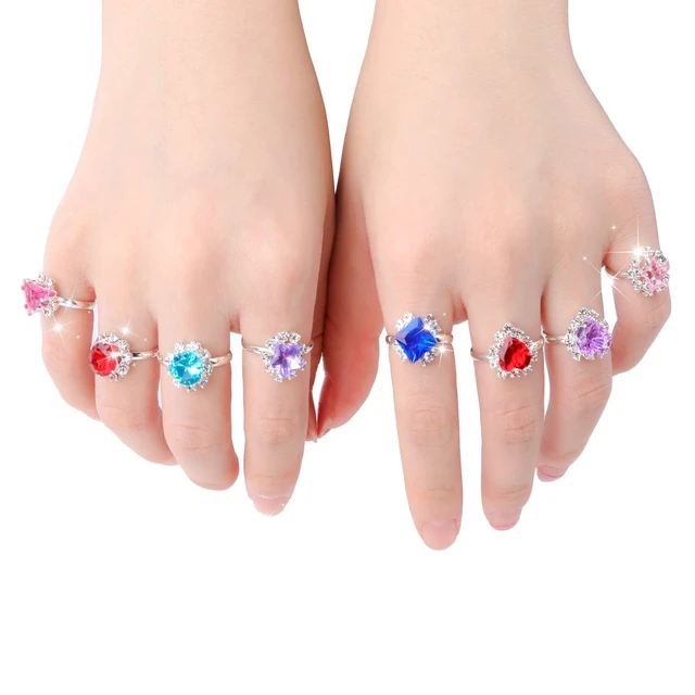 Alt view image 4 of 6 - 12 pcs Girls Crystal Adjustable Rings, Princess Jewelry Finger Rings with Heart Shape Box, Girl Pretend Play and Dress up Rings for Children Kids Little Girls - Random