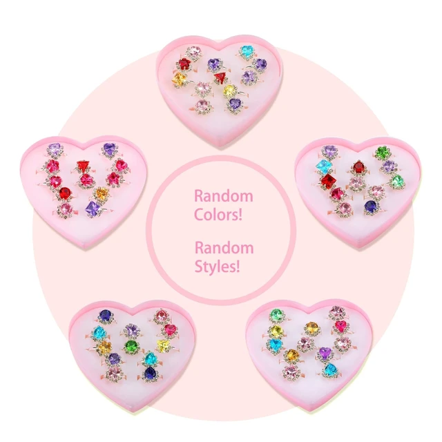 Alt view image 6 of 6 - 12 pcs Girls Crystal Adjustable Rings, Princess Jewelry Finger Rings with Heart Shape Box, Girl Pretend Play and Dress up Rings for Children Kids Little Girls - Random