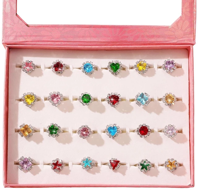 Main image of Jewel Rings for Kids 24pc Adjustable No duplication Girl Pretend Play and Dress Up Rings