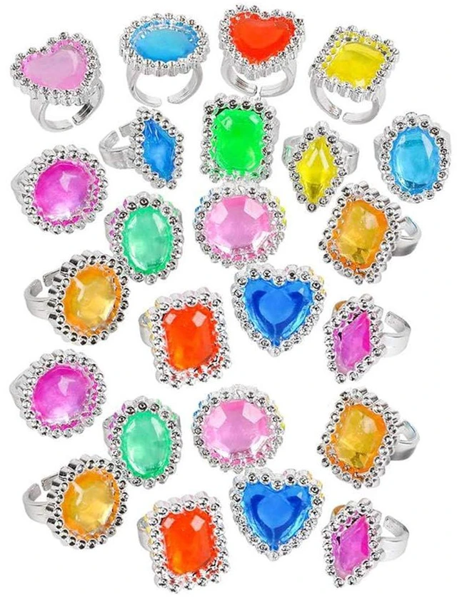 Main image of 24-Pack Colorful Plastic Jewel Ring Adjustable Fake Rings Princess Rings Jewelry for Bridal Shower Girls Dress Accessories 1" Inch
