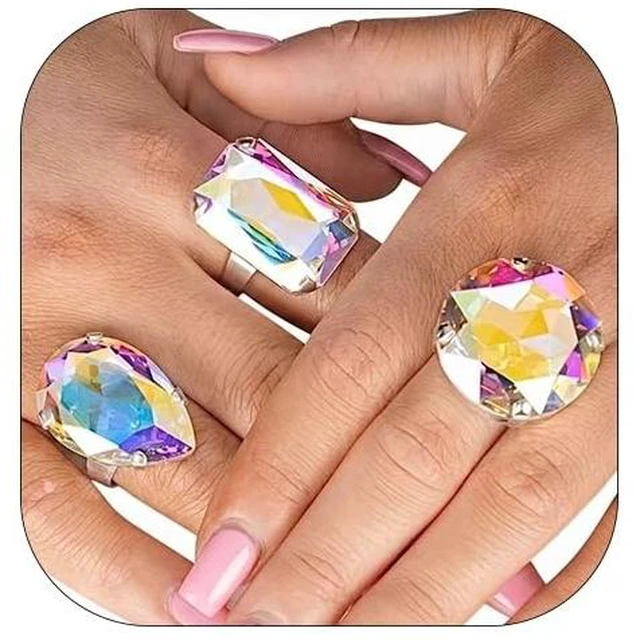 Main image of Oversized Crystal Rhinestone Statement Cocktail Ring Set For Women Multi Shape Adjustable Band Chunky Fashion Jewelry Silver Tone For Women Party (Colorful)