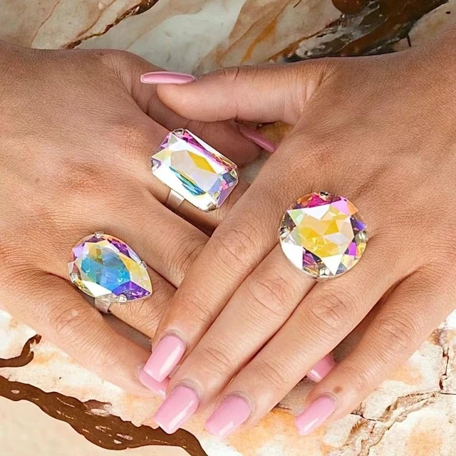 Alt view image 2 of 4 - Oversized Crystal Rhinestone Statement Cocktail Ring Set For Women Multi Shape Adjustable Band Chunky Fashion Jewelry Silver Tone For Women Party (Colorful)