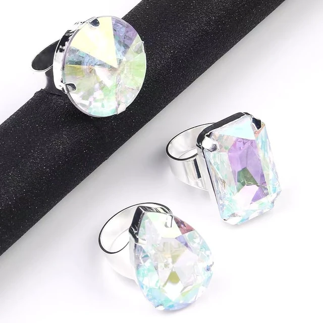 Alt view image 4 of 4 - Oversized Crystal Rhinestone Statement Cocktail Ring Set For Women Multi Shape Adjustable Band Chunky Fashion Jewelry Silver Tone For Women Party (Colorful)
