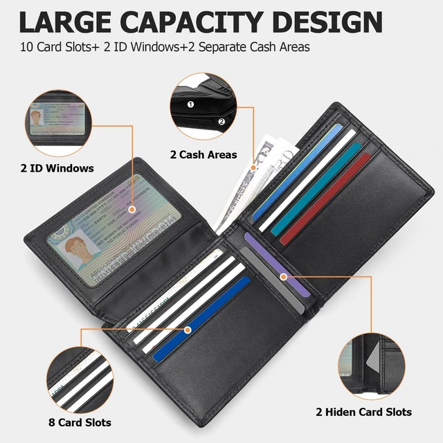 Alt view image 3 of 6 - Leather Wallets for Men, Genuine Leather Mens Wallet Bifold Rfid Blocking with 2 ID Windows (Black)