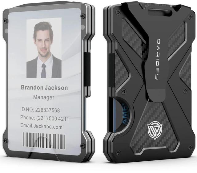 Main image of Minimalist Wallet for Men with Clear ID Card Holder, RFID Blocking | Slim Aluminum Metal Money Clip, Holds up 15 Cards, Ideal Gift for Men, Ultra-Thin Tactical Carbon Fiber -Black