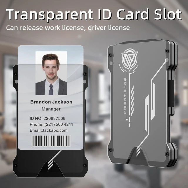Alt view image 2 of 7 - Minimalist Wallet for Men with Clear ID Card Holder, RFID Blocking | Slim Aluminum Metal Money Clip, Holds up 15 Cards, Ideal Gift for Men, Ultra-Thin Tactical Carbon Fiber -Black