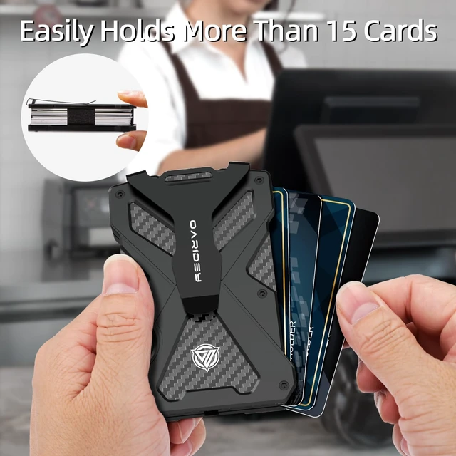 Alt view image 4 of 7 - Minimalist Wallet for Men with Clear ID Card Holder, RFID Blocking | Slim Aluminum Metal Money Clip, Holds up 15 Cards, Ideal Gift for Men, Ultra-Thin Tactical Carbon Fiber -Black