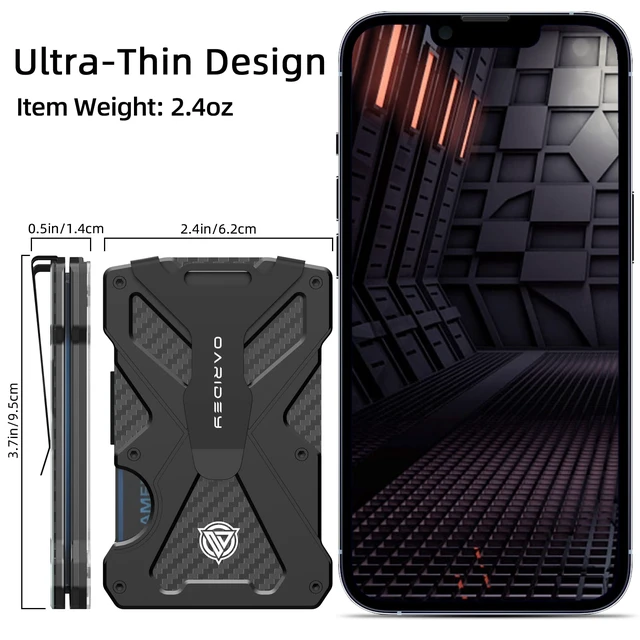 Alt view image 5 of 7 - Minimalist Wallet for Men with Clear ID Card Holder, RFID Blocking | Slim Aluminum Metal Money Clip, Holds up 15 Cards, Ideal Gift for Men, Ultra-Thin Tactical Carbon Fiber -Black