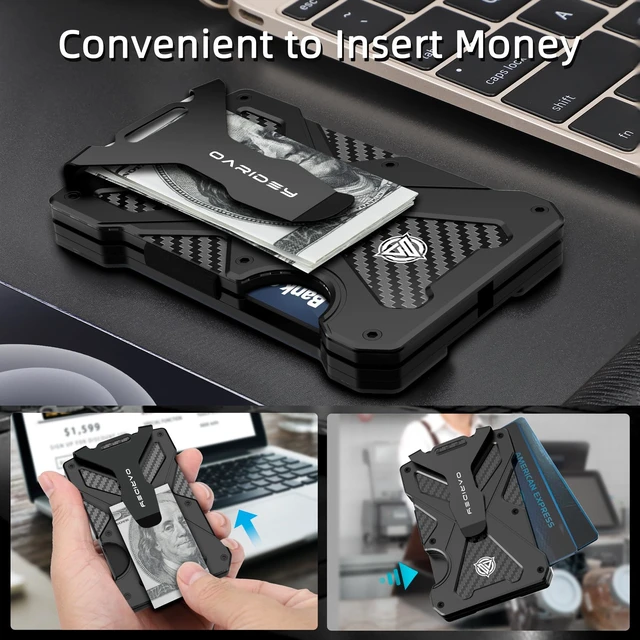 Alt view image 6 of 7 - Minimalist Wallet for Men with Clear ID Card Holder, RFID Blocking | Slim Aluminum Metal Money Clip, Holds up 15 Cards, Ideal Gift for Men, Ultra-Thin Tactical Carbon Fiber -Black