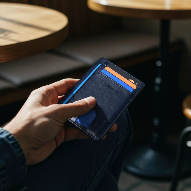 Alt view image 7 of 7 - Slim Minimalist Front Pocket RFID Blocking Leather Wallets for Men and Women - Alaska Blue