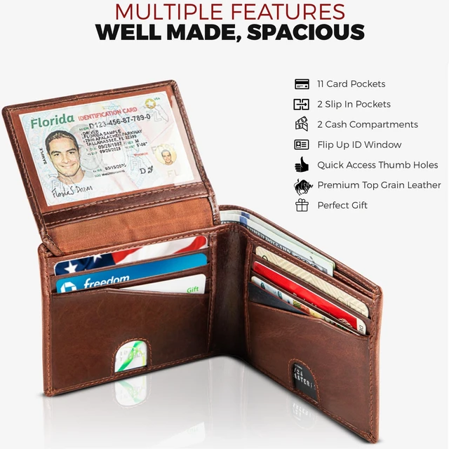 Alt view image 2 of 7 - RFID Blocking Bifold Mens Wallet Premium Top Grain Leather Brown Extra Capacity Wallet for Men Genuine Leather Western Brown, 11+ Cards, Flip Up ID Window, Gift For Men in Nice Gift Box