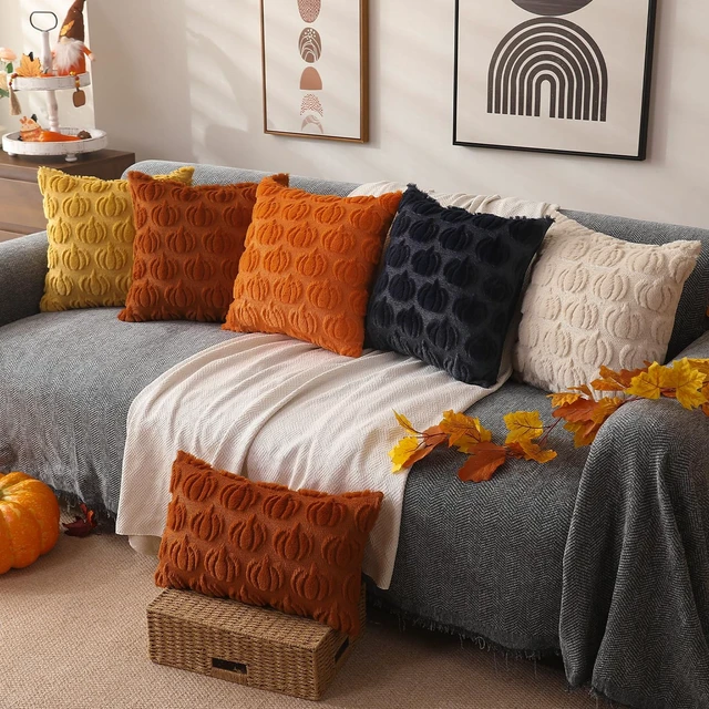 Alt view image 5 of 5 - Fall Pillow Covers 18x18 2Pcs Rust Pumpkin Fall Decorations for Home | Fall decor Set of 2 Throw Pillow Cases Soft Plush Faux Fur Wool Couch Cushion for Chair Sofa Bedroom Living Room Home Decor