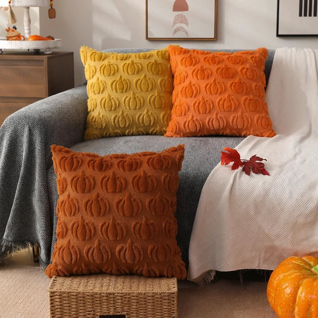 Alt view image 4 of 5 - Fall Pillow Covers 18x18 2Pcs Rust Pumpkin Fall Decorations for Home | Fall decor Set of 2 Throw Pillow Cases Soft Plush Faux Fur Wool Couch Cushion for Chair Sofa Bedroom Living Room Home Decor