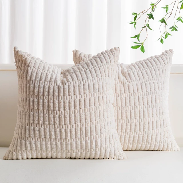 Main image of Pack of 2 Corduroy Decorative Throw Pillow Covers 18x18 Inch, Cream White | Fall Soft Striped Pillow Covers Modern Farmhouse Home Decor Christmas Throw Pillow Covers for Sofa Living Room Couch Bed