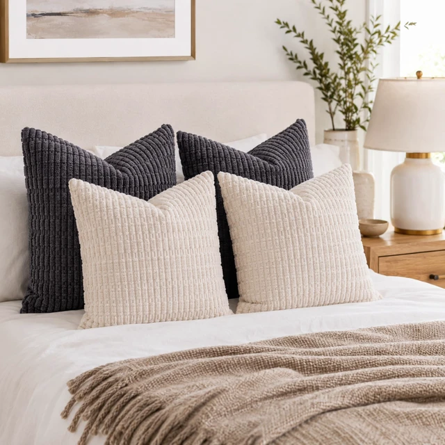 Alt view image 5 of 7 - Pack of 2 Corduroy Decorative Throw Pillow Covers 18x18 Inch, Cream White | Fall Soft Striped Pillow Covers Modern Farmhouse Home Decor Christmas Throw Pillow Covers for Sofa Living Room Couch Bed