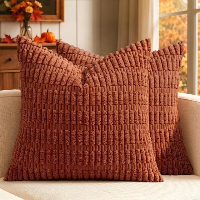 Main image of Fall Corduroy Decorative Throw Pillow Covers 18x18 Rust Pack of 2 | Terracotta Soft Boho Striped Pillow Covers Modern Farmhouse Autumn Home Decor For Sofa Living Room Couch Bed