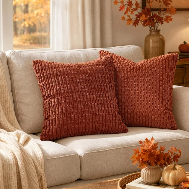 Alt view image 2 of 7 - Fall Corduroy Decorative Throw Pillow Covers 18x18 Rust Pack of 2 | Terracotta Soft Boho Striped Pillow Covers Modern Farmhouse Autumn Home Decor For Sofa Living Room Couch Bed