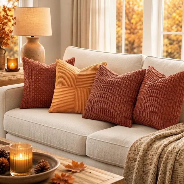 Alt view image 3 of 7 - Fall Corduroy Decorative Throw Pillow Covers 18x18 Rust Pack of 2 | Terracotta Soft Boho Striped Pillow Covers Modern Farmhouse Autumn Home Decor For Sofa Living Room Couch Bed