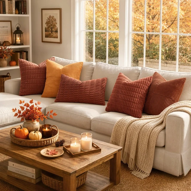 Alt view image 4 of 7 - Fall Corduroy Decorative Throw Pillow Covers 18x18 Rust Pack of 2 | Terracotta Soft Boho Striped Pillow Covers Modern Farmhouse Autumn Home Decor For Sofa Living Room Couch Bed