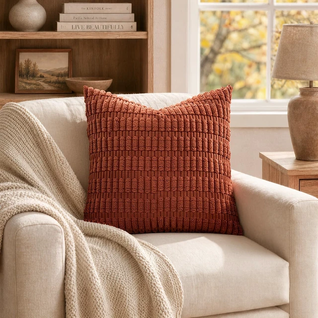 Alt view image 5 of 7 - Fall Corduroy Decorative Throw Pillow Covers 18x18 Rust Pack of 2 | Terracotta Soft Boho Striped Pillow Covers Modern Farmhouse Autumn Home Decor For Sofa Living Room Couch Bed
