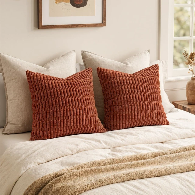 Alt view image 6 of 7 - Fall Corduroy Decorative Throw Pillow Covers 18x18 Rust Pack of 2 | Terracotta Soft Boho Striped Pillow Covers Modern Farmhouse Autumn Home Decor For Sofa Living Room Couch Bed