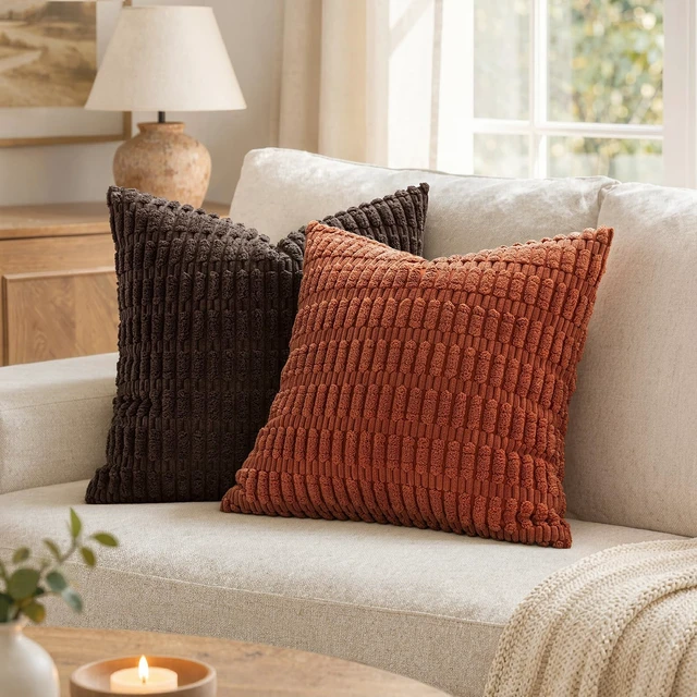 Alt view image 7 of 7 - Fall Corduroy Decorative Throw Pillow Covers 18x18 Rust Pack of 2 | Terracotta Soft Boho Striped Pillow Covers Modern Farmhouse Autumn Home Decor For Sofa Living Room Couch Bed