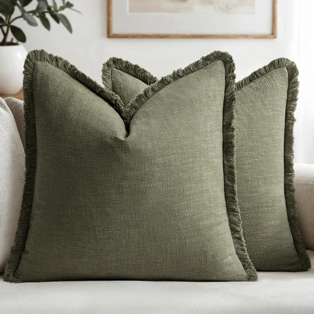 Main image of Boho Linen Fringe Decorative Throw Pillow Covers Olive Green 20x20 | Set of 2, Cottagecore Decor, Boho Farmhouse Neutral Pillow Covers, Rustic Couch Cushion Cases for Sofa Bed Living Room