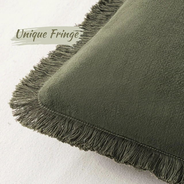 Alt view image 2 of 6 - Boho Linen Fringe Decorative Throw Pillow Covers Olive Green 20x20 | Set of 2, Cottagecore Decor, Boho Farmhouse Neutral Pillow Covers, Rustic Couch Cushion Cases for Sofa Bed Living Room