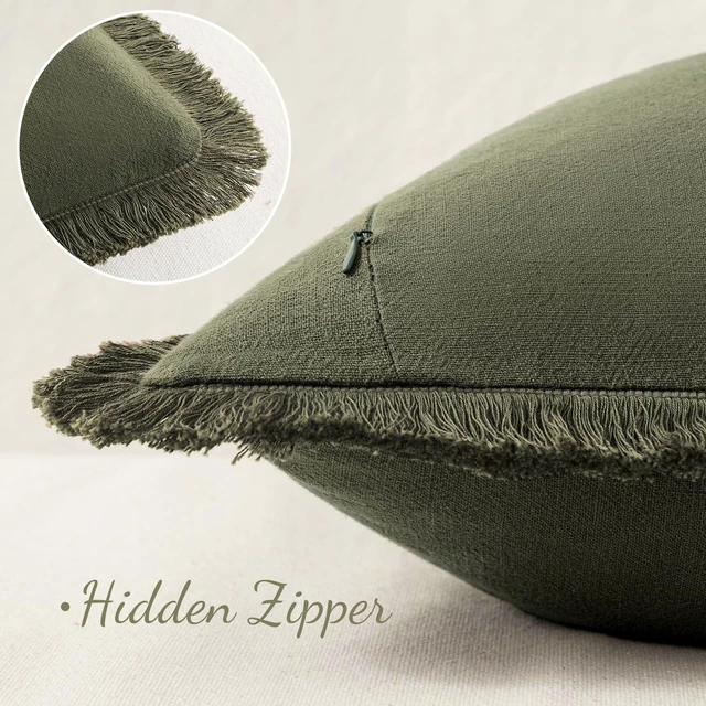 Alt view image 3 of 6 - Boho Linen Fringe Decorative Throw Pillow Covers Olive Green 20x20 | Set of 2, Cottagecore Decor, Boho Farmhouse Neutral Pillow Covers, Rustic Couch Cushion Cases for Sofa Bed Living Room