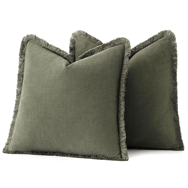 Alt view image 6 of 6 - Boho Linen Fringe Decorative Throw Pillow Covers Olive Green 20x20 | Set of 2, Cottagecore Decor, Boho Farmhouse Neutral Pillow Covers, Rustic Couch Cushion Cases for Sofa Bed Living Room