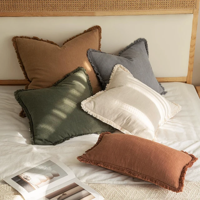 Alt view image 5 of 6 - Boho Linen Fringe Decorative Throw Pillow Covers Olive Green 20x20 | Set of 2, Cottagecore Decor, Boho Farmhouse Neutral Pillow Covers, Rustic Couch Cushion Cases for Sofa Bed Living Room